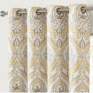 Yellow Damask Medallion Window Curtains for Grommet Thermal Insulated Drapes